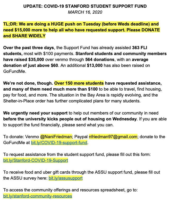 Jacobkupp's tweet photo. PLEASE SHARE WIDELY!!! Stanford students and community members have raised $48,000 to help out students in need due to COVID-19 and the university evacuating. We need your help to provide aid to even more students!! https://t.co/MHwigrIG8d https://t.co/7Du1VIW9Mz