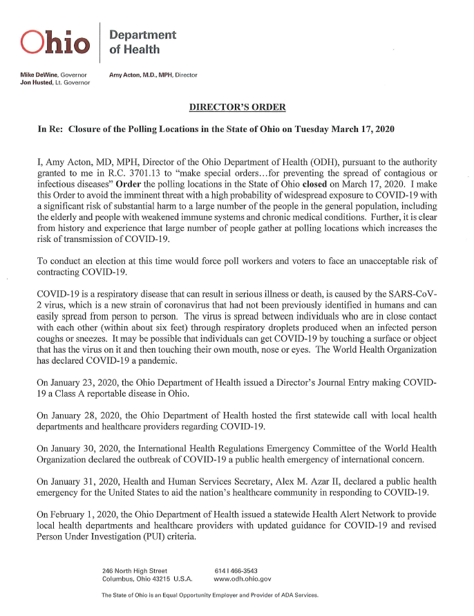 GovMikeDeWine's tweet image. Here is the three-page order signed tonight by @OHdeptofhealth Director @DrAmyActon that closes all polling locations in #Ohio due to the risk of #COVID19 faced by both voters and poll workers. #COVID19OhioReady