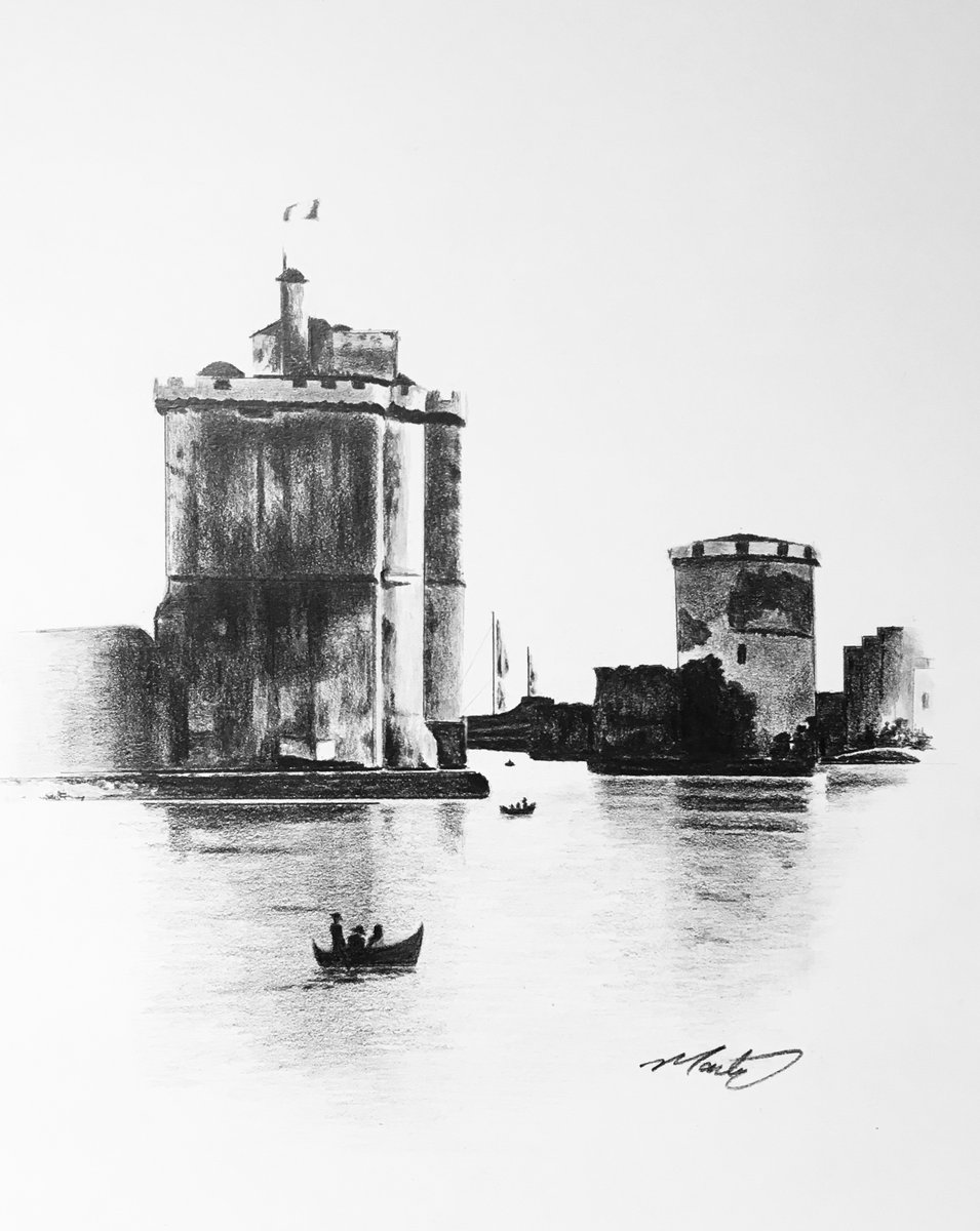 My drawing of the La Rochelle harbor. Drawn with graphite pencils.