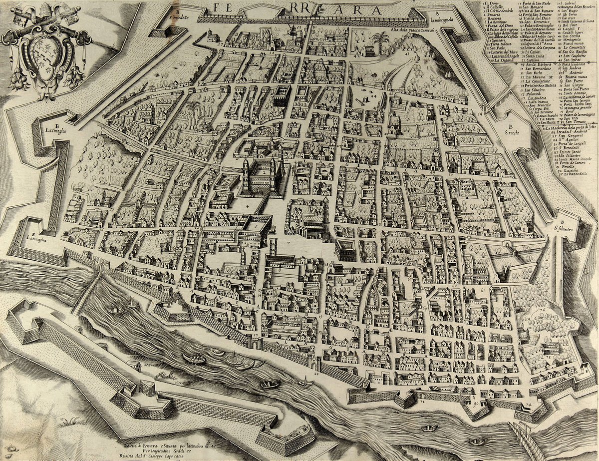 Funded in 400 A.D. as a Roman garrison, and annexed by the Papal State in 1598. In 1630 it had a pop. of 32k on 4.13km² (higher density than any mainland Chinese city), it had paved streets 1375, sewers since 1425. The 21st univ., funded in 1391 attracted Paracelsus, Copernicus.