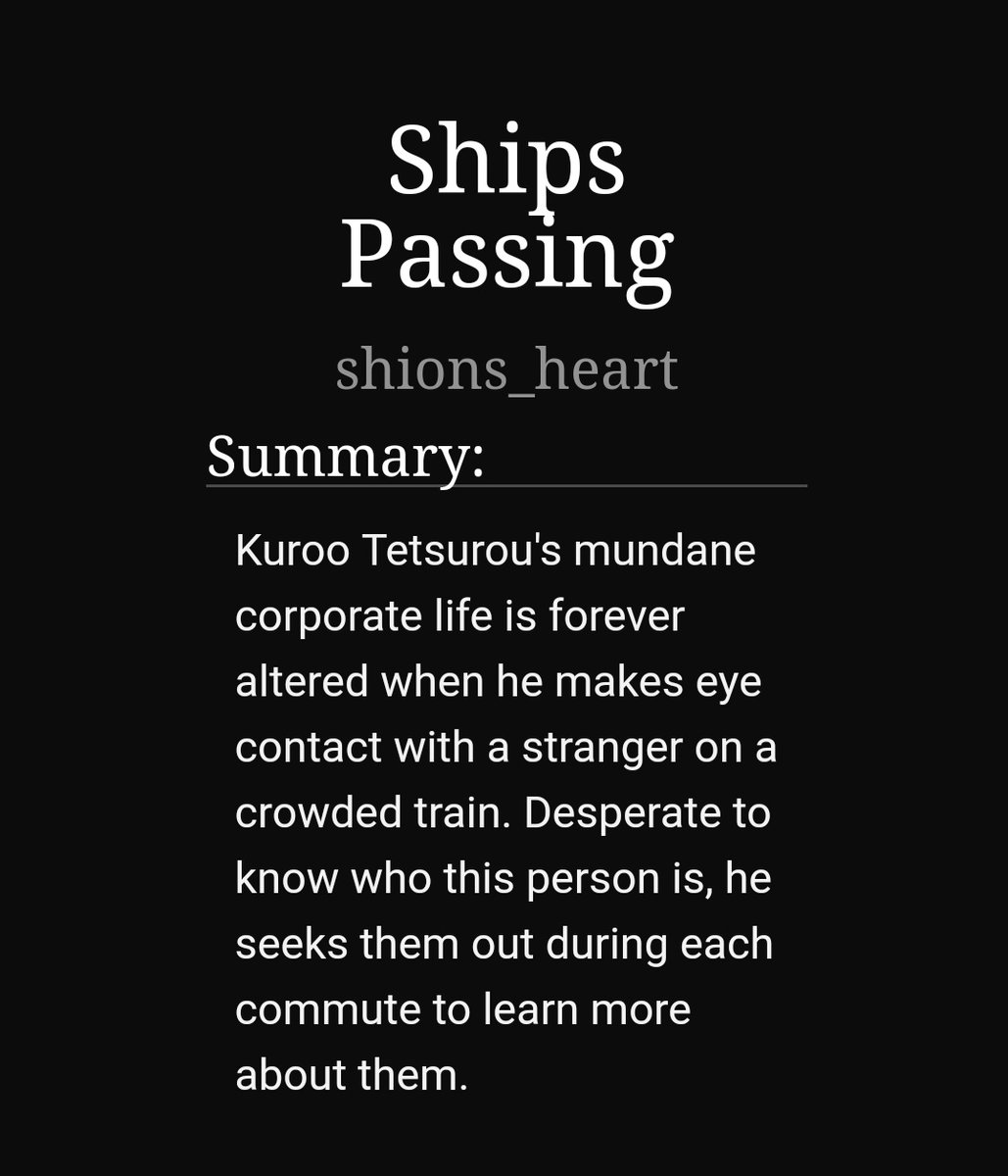 Ships passing by shions_heart https://archiveofourown.org/works/10553192P 1/1-kuroken-kuroo sees kenma in the train and wants to get to know him but he's an idiot-kuroo is such a mess omg