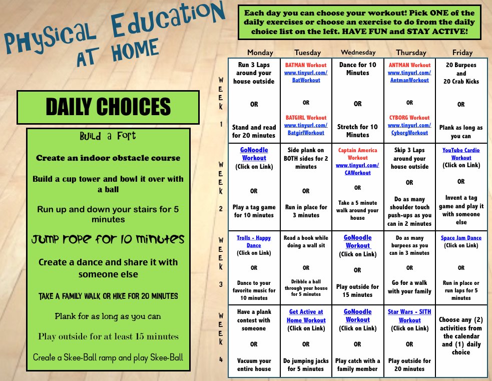 Thoughts on this calendar as an option for students at home? Thanks SO MUCH to the following people for the inspiration and materials! #PhysEd #HPEatHome 
<a href="/BrooklynDreamer/">Brandon Herwick</a> 
<a href="/OPENPhysEd/">OPEN Phys Ed</a> 
<a href="/GH__Fitness/">Glenn Higgins</a> 
<a href="/CoachPirillo/">Coach Pirillo</a> 
PopSugar Fitness - YouTube
<a href="/GoNoodle/">GoNoodle - find us on BSKY!</a> 
Little Sports - YouTube