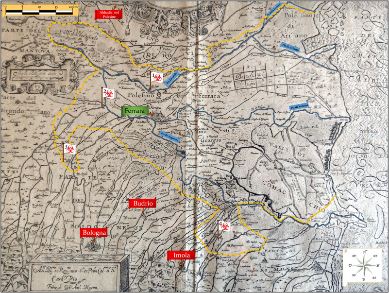 Borders were controlled by checkpoints, and there were in times of plague were reinforced by teams of public health officials, "Signori Conservatori". Any traveler had to present a travel document, "Fedi", proving his passage through areas officially clear of disease.