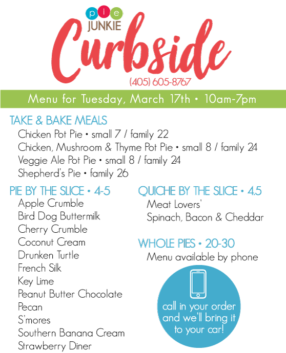 major temporary changes happening over here! head over to our blog for details about our Pie Junkie Curbside ordering process + menu for Tuesday, March 17th. our dining room will be closed until future notice. bit.ly/2IP0O7B