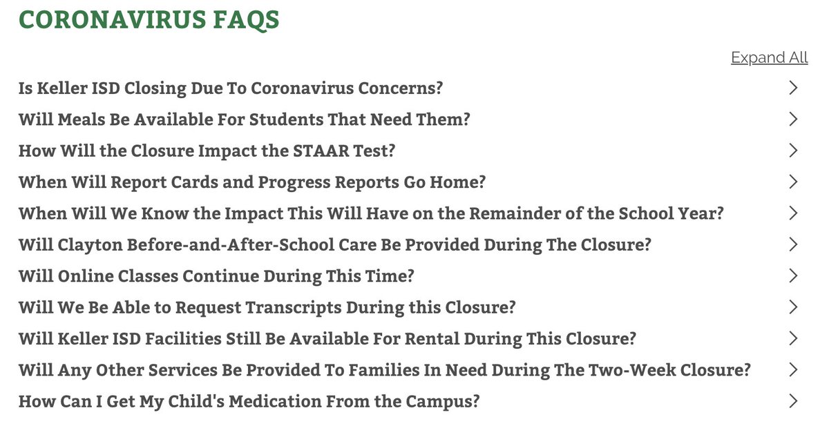 We understand there are many questions regarding our closure. Please check our FAQ section of the Coronavirus site regularly, as it is being updated multiple times a day to share the latest info we have. Thank you for your understanding and patience!
KellerISD.net/Coronavirus