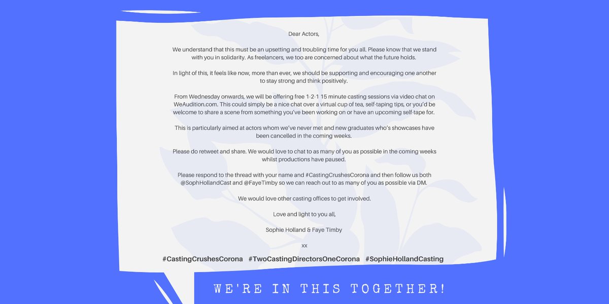 #CastingCrushesCorona 

#TeamSHC is offering 1-2-1 15 minute casting sessions via <a href="/WeAudition/">WeAudition</a> whilst the theatres are dark and productions have halted 

For any CD's interested in taking part, just request a URL/info from admin@weaudition.com

@fayetimby <a href="/SophHollandCast/">SophieHollandCastingCSA</a> #TeamSHC