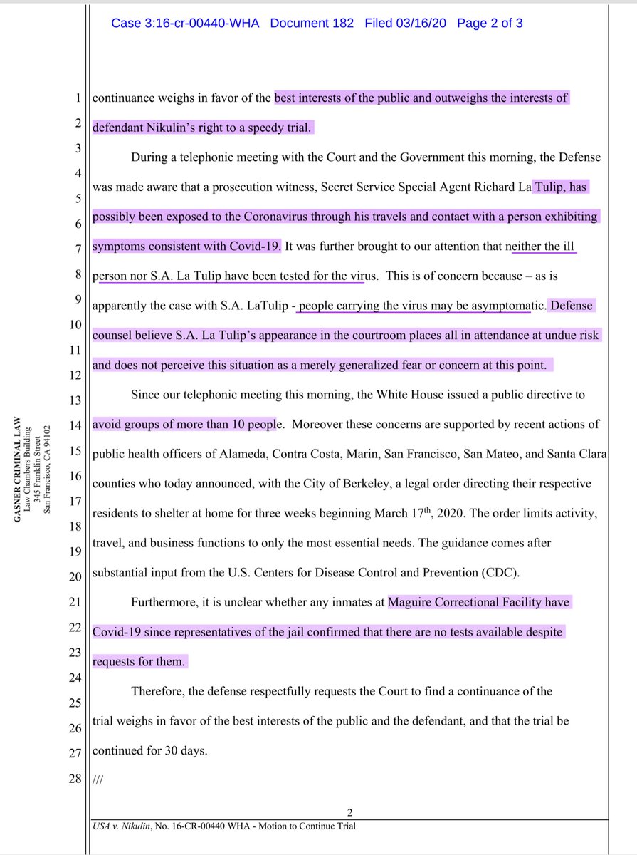 IMPORTANT READ this:“USSS SA La Tulip, has possibly been exposed to the Coronavirus through his travels and contact with a person exhibiting symptoms consistent with Covid-19.... neither the ill person nor S.A. La Tulip have been tested for the virus” https://ecf.cand.uscourts.gov/doc1/035019073443?caseid=304407