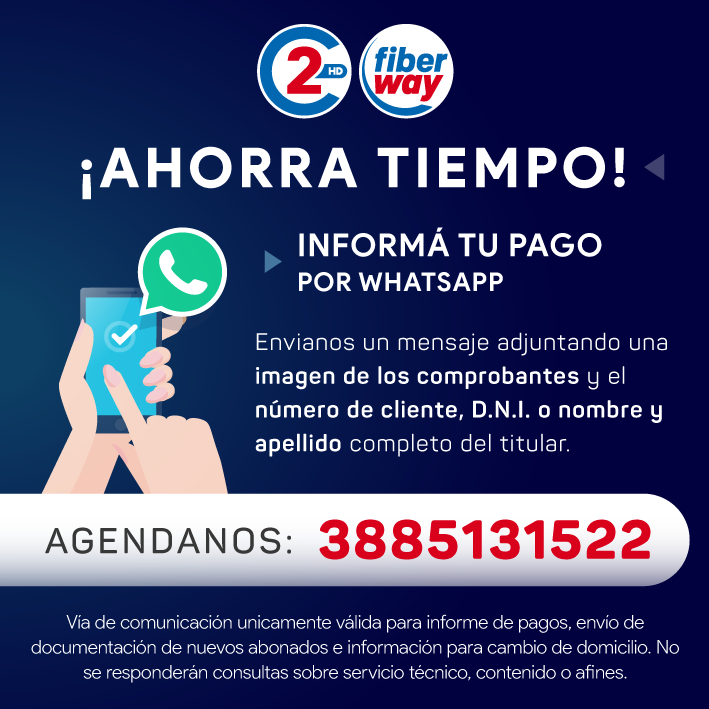 Canal2Fiberway's tweet photo. 📌 Estimados abonados: para informar tu pago rápidamente, por favor envíanos un mensaje de Whatsapp al 📞 3885131522

➡ En el mensaje adjunta una foto de los comprobantes de pago, tu numero de cliente y DNI o nombre completo del titular. 

📍 Agendanos: 📞 3885131522 https://t.co/VQFPgr8Ouh