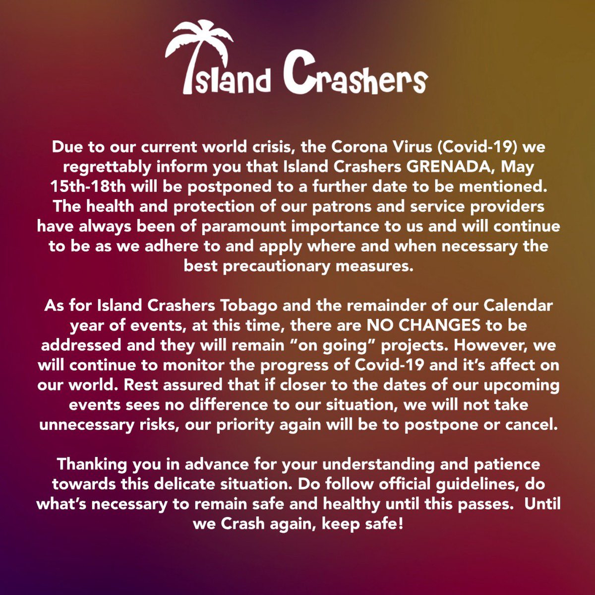 The safety and health of our crashers, service providers and staff is our main priority.
⠀⠀⠀⠀⠀⠀
Please take note of our IC update with regard to COVID-19. We are monitoring all developments related to COVID-19 globally.
⠀⠀⠀⠀⠀⠀
Until we crash again. Please keep safe!