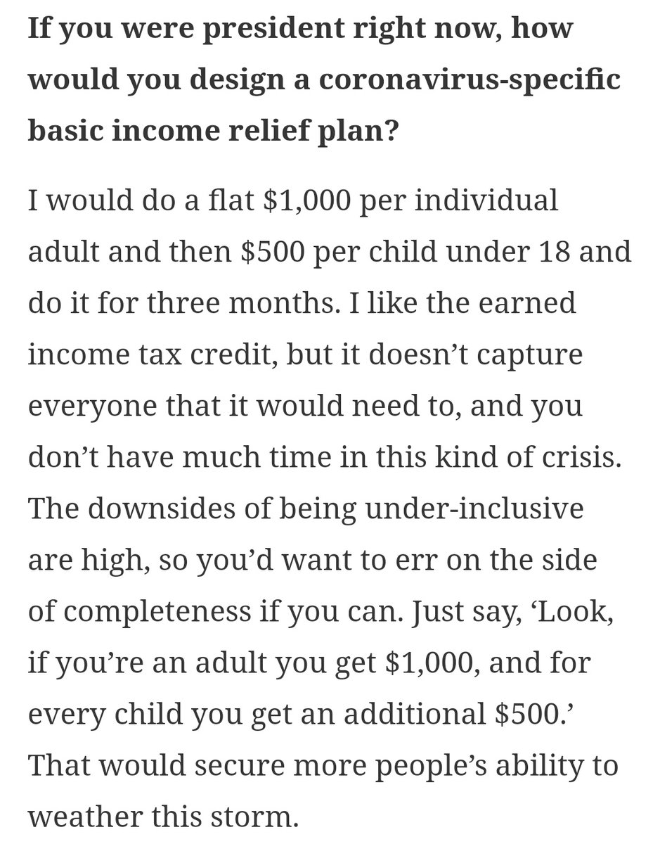 scottsantens's tweet photo. "I would do a flat $1,000 per individual adult and then $500 per child under 18 and do it for three months."—@AndrewYang

THIS is the way. #EmergencyUBI

https://t.co/bFgUAUUOB1

#CoronavirusOutbreak #coronavirus https://t.co/67Jt7VKAPJ