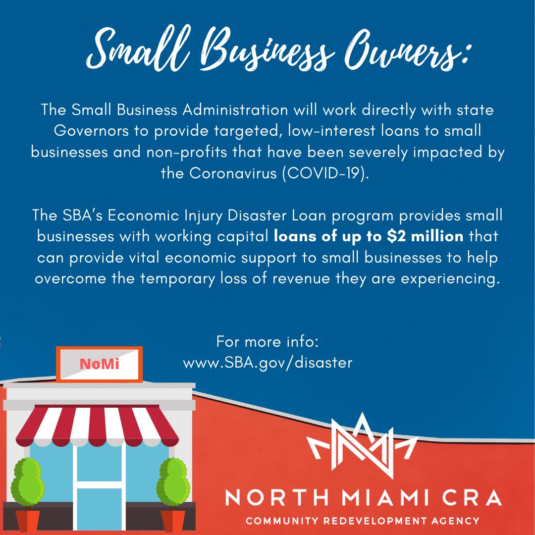 We’re proud of the small business culture that makes North Miami unique. We’re thinking of you and hope this information helps in these difficult times. #SBA #Get2NoMi #SmallBusinesses sba.gov/disaster