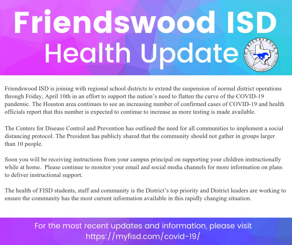 The decision has been made that FISD will extend the suspension of normal district operations through Friday, April 10th as the health of FISD students, staff and community is the District's top priority. Please read the attached image for more information.