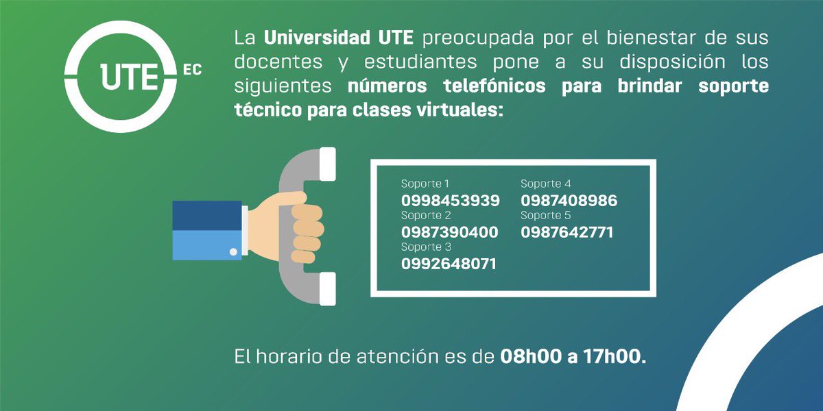 UTEoficial's tweet photo. 🛑#ATENCIÓN | Informamos a nuestros DOCENTES y ESTUDIANTES del #INTERCICLO, que si tienen algún problema con el sistema por favor comunicarse a los siguientes 📲 #quedateEnTuCasa #quedateencasa #COVID19ec https://t.co/obgIMtRZ7H