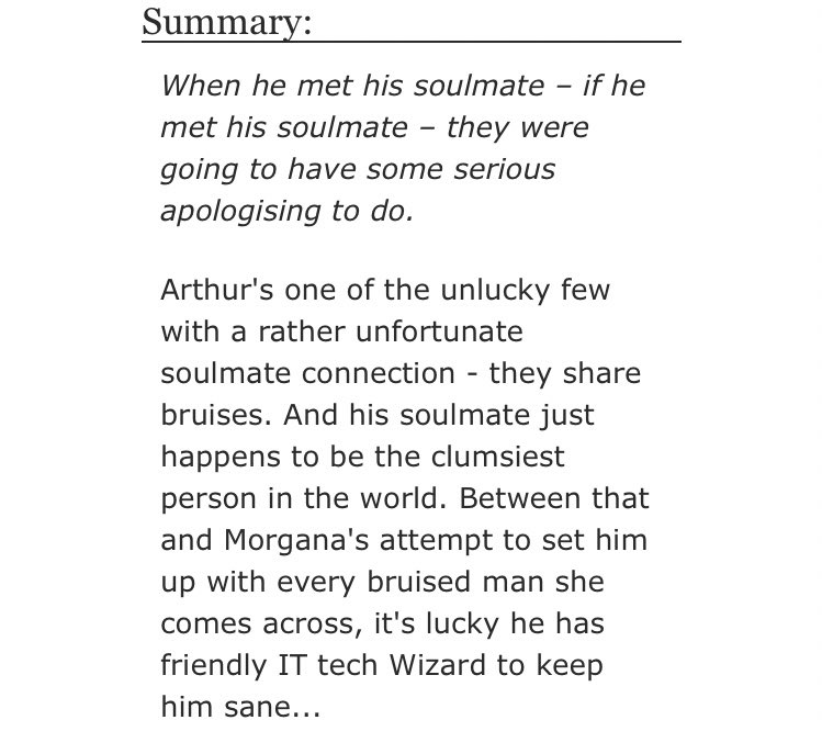 • Pink and Black and Blue (for you) by Polomonkey  - merlin/arthur  - Rated M  - modern au, soulmates au  - 7508 words https://archiveofourown.org/works/14576592/chapters/33684180#workskin