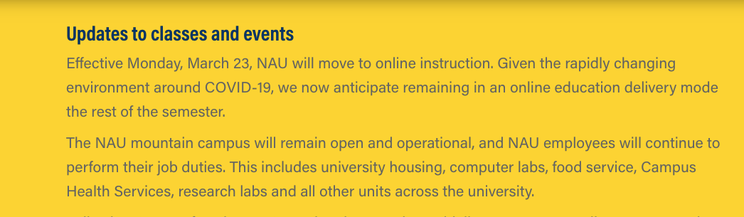 RitaCheng_'s tweet photo. A week from today, @NAU will begin providing classes online. Given the rapidly changing environment around COVID-19, we now anticipate remaining in an online education delivery mode for the remainder of the spring semester. https://t.co/urIfrJ0mjJ