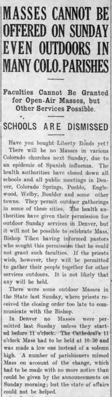 markhaastv's tweet photo. From our #DenverCatholic archives...in 1918 the Spanish flu caused the cancellation of Masses around the state: "The church was very lonely on Sunday, It was the first in thirty-six years without the Holy Sacrifice, and many did not know what to make of it..." https://t.co/Lvt8FvvdiP