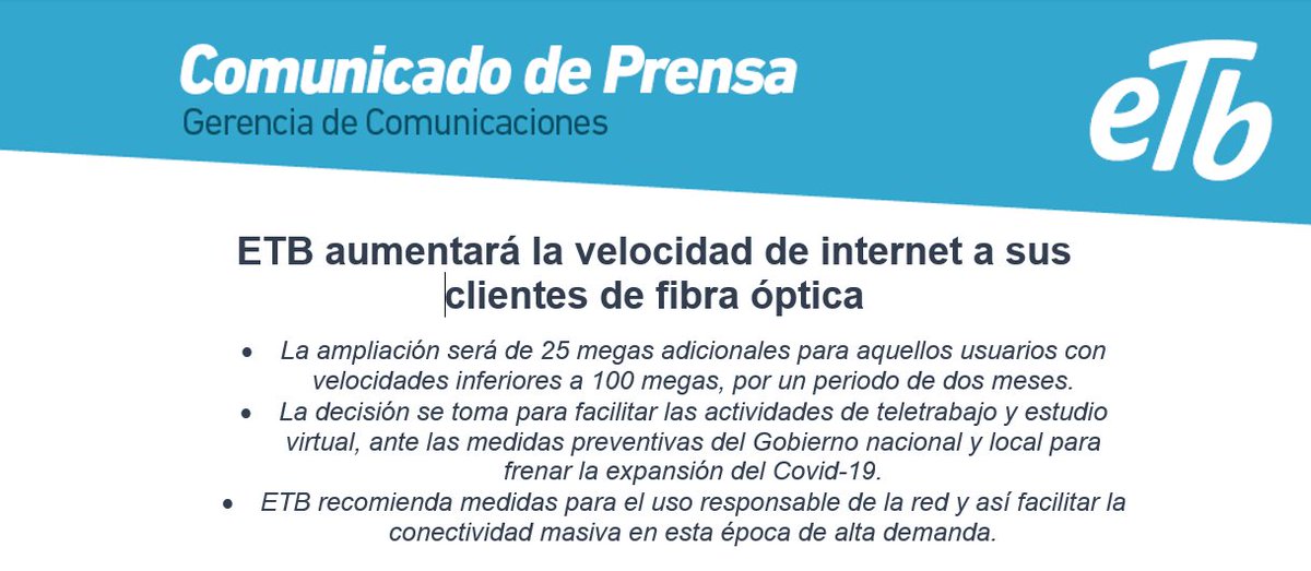 ETB aumentará  25 megas a los clientes con planes de fibra óptica inferiores a 100 megas, para apoyar sus actividades de estudio y trabajo en casa. Más info bit.ly/2QlCmiG #CuidemonosTodos