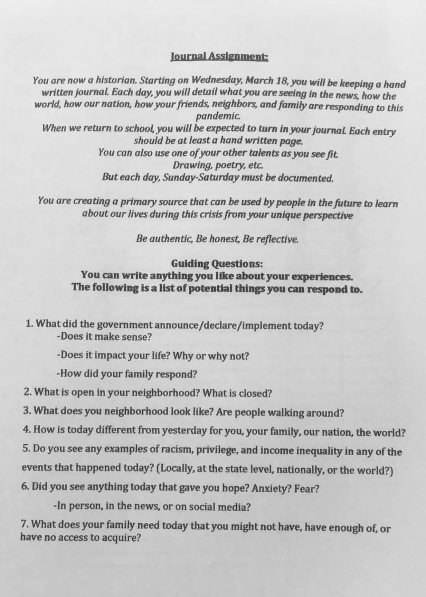 Teachers: Great idea from FB group. “A meaningful assignment for students to create their own primary source document based on their experiences during the pandemic. No packets or online access required. Source: Bryan Shaw &amp; UCBHSSP. ❤️
Google doc link:

docs.google.com/document/d/116… “