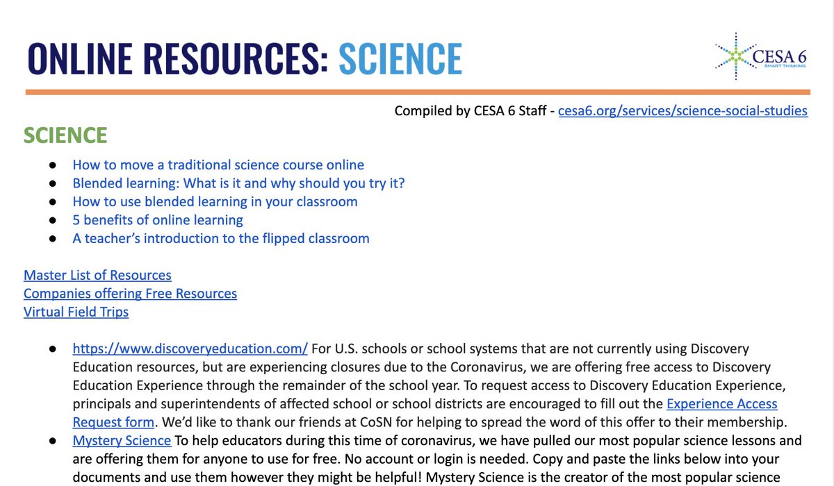 Science teachers - check out our #virtuallearning resources! bit.ly/C6virtual-scie…🧪🔬🦠

See more resources here: cesa6.org/covid19.cfm

<a href="/WIScienceTeach/">WSST</a> @WisDPIscience <a href="/NSTA/">National Science Teaching Association</a>
 #scied #scienceteachers #distancelearning #coronavirus #CESA6Lead