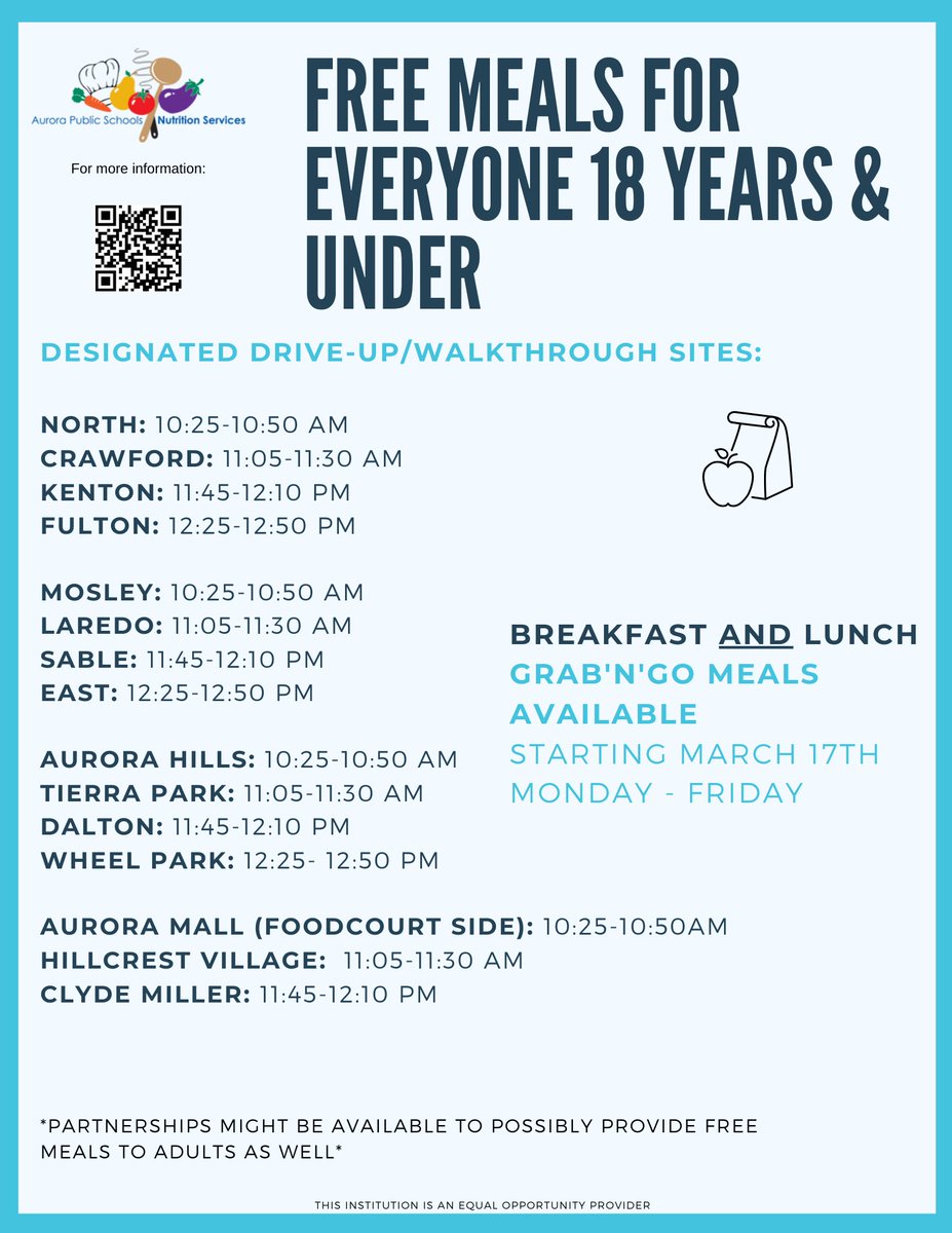 aurorak12's tweet photo. During the extended Spring Break, APS will distribute FREE breakfast + lunch. We'll provide the meals on weekdays starting tomorrow, March 17 to ALL children 18 and under. Both meals will be available together through a grab-and-go system. Pls. note the locations and times below. https://t.co/zxUqU7wyA4