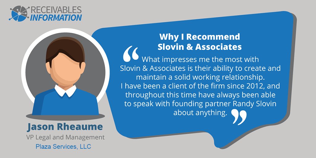 ReceivablesInfo's tweet photo. Let’s hear why @plaza_services_ VP Jason Rheaume recommends @SlovinAndAssoc
https://t.co/US1PnBCRxk
#PlazaServices #Receivablesinfo #business #company #lawfirm #receivablemanagement #debtcollection #collectionagency #receivables https://t.co/ClBxOULIu9