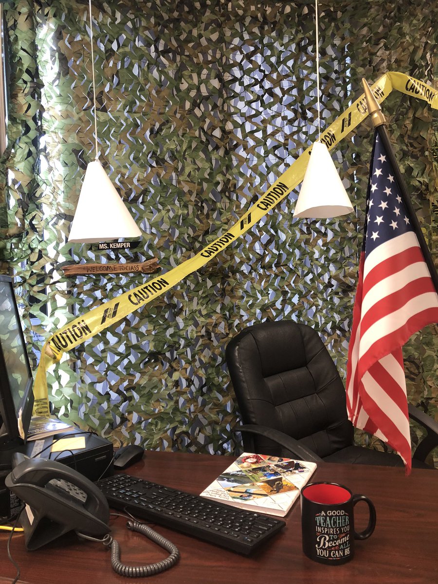 MeganTKemper's tweet photo. While getting my room ready for our building to get cleaned, I also made video lessons.With the random items in my closet &amp;some army netting from home, I created a “room transformation” bunker theme.I hope my students enjoy the humor as well as lesson objectives.#flattenthecurve https://t.co/TSzBLXPgAh