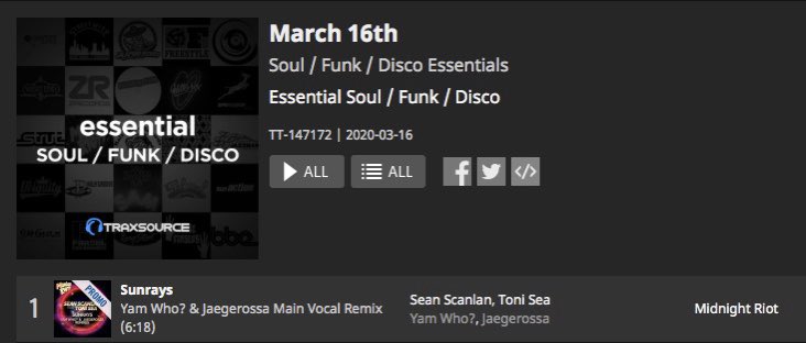 Sean Scanlan (@seanscanlan1) on Twitter photo <a href="/traxsource/">Traxsource</a> Essential #1 Soul / Funk / Disco
Sean Scanlan feat <a href="/ToniSeawright/">Toni Seawright</a> - Sunrays (<a href="/yamwho/">YAM WHO?</a> & Jaegerossa Remix) on <a href="/MidnightRiotRec/">Midnight Riot!</a>
traxsource.com/track/7119066/… <a href="/traxsource/">Traxsource</a> Essential #1 Soul / Funk / Disco
Sean Scanlan feat <a href="/ToniSeawright/">Toni Seawright</a> - Sunrays (<a href="/yamwho/">YAM WHO?</a> & Jaegerossa Remix) on <a href="/MidnightRiotRec/">Midnight Riot!</a>
traxsource.com/track/7119066/…