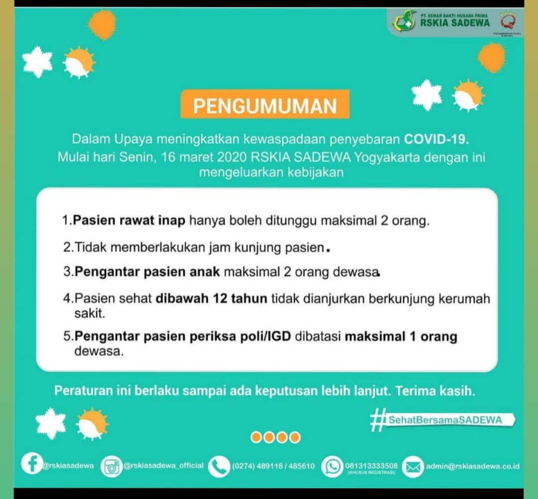 JogjaUpdate's tweet photo. mulai 16 Maret 2020
RS Panti Rapih
RSKIA Sadewa
jam bezuk ditiadakan https://t.co/BkgRe8nPzq