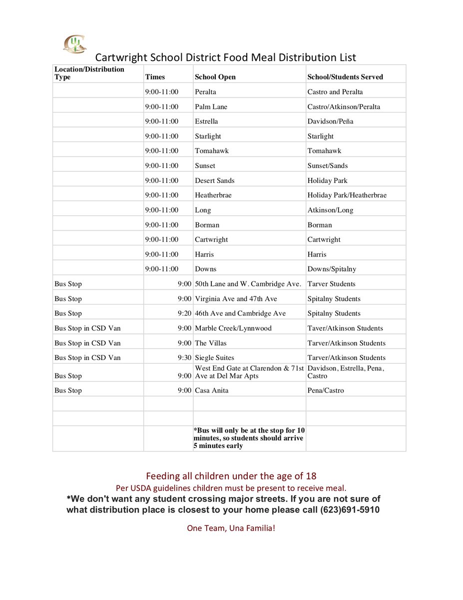 CartwrightSD's tweet photo. Here is our UPDATED school distribution schedule for families during the school closure. We will begin distribution tomorrow morning at 9 a.m. https://t.co/JZREF9V6eF