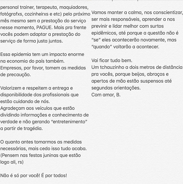 withyoubruna's tweet photo. Texto que a @BruMarquezine postou no Instagram auxiliando e ajudando as pessoas que se interessam sobre a prevenção do Corona Vírus. 

Leiam!! é importante e necessário! Compartilhem com os amigos e familiares! protejam-se 🙏🏽 https://t.co/BeYpzmNkNw
