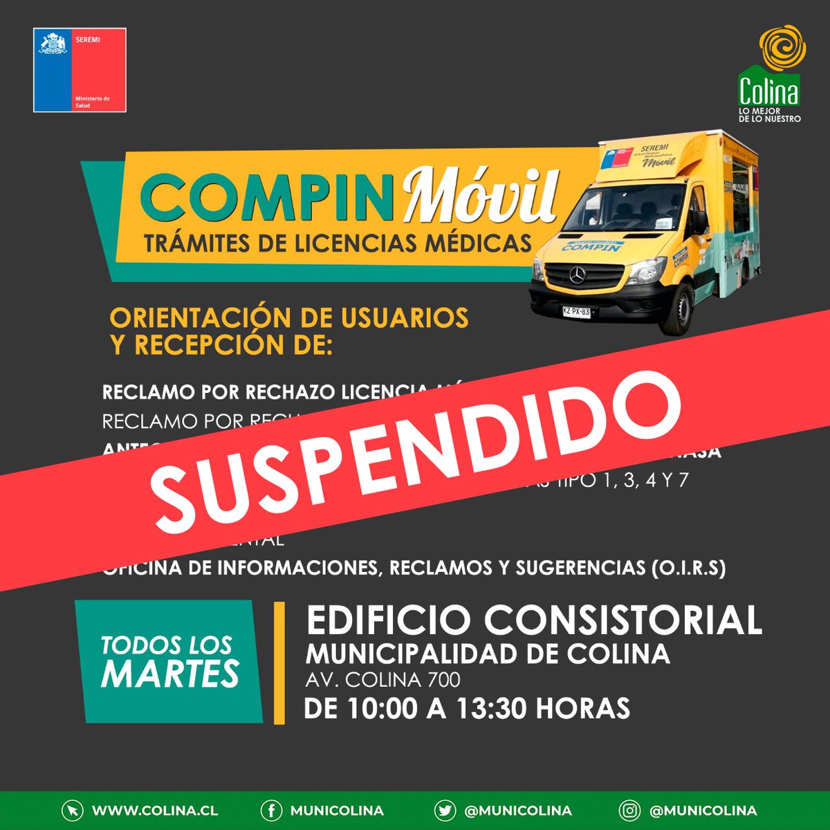 MuniColina's tweet photo. #PrevenirEsSalud | Recuerda que para prevenir posibles contagios de #Coronavirus, @SeremiSaludRM anunció la suspensión sel servicio de #CompinMovil en Colina hasta nuevo aviso.
@mario_olavarria @CorpColinaSalud @ColinaCultura @colinadeportes @ministeriosalud @RadioColinaFM https://t.co/m8x4Xh9c8J
