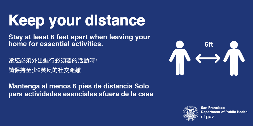 SF_emergency's tweet photo. When leaving your home for essential activities, continue to keep 6 feet of social distancing. 
Visit https://t.co/cxFjh7cS70 for more information. https://t.co/N3SsrdmmZw