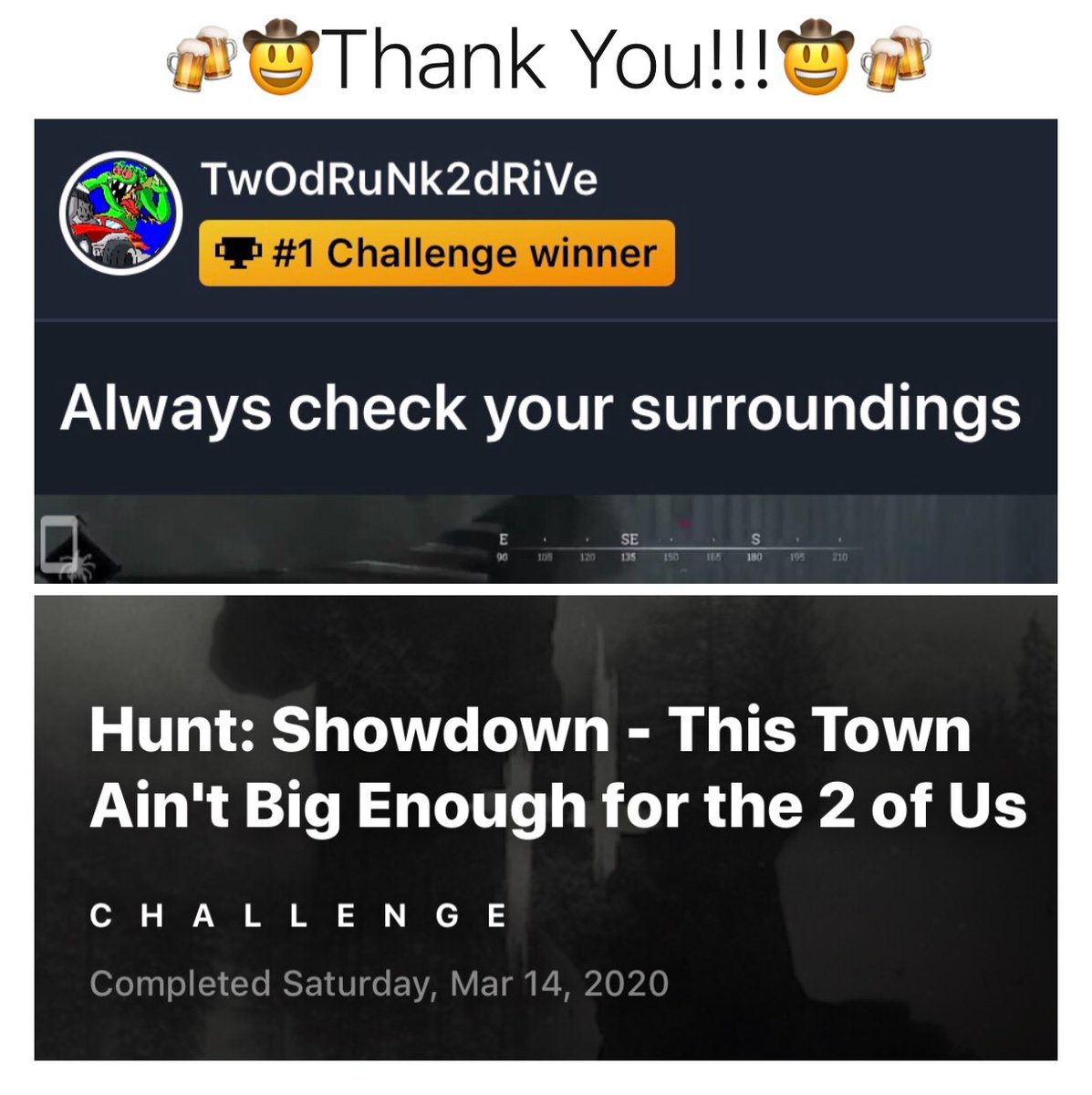 TwOdRuNk2dRiVe_'s tweet photo. I want to say Thank You to everyone that participated in the very first @HuntShowdown Clip Challenge on @clutchwin. I couldnโt have done it without all the support of my Alcoholics. Keep them drinks flowing!!!
#Huntshowdown #crytek #clutchwin #clipchallenge #twitchaffiliate https://t.co/yTQKbc6kFb