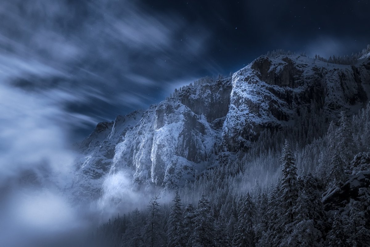 Interior's tweet photo. Clouds clear &amp; moonlight streams over the magnificent beauty @YosemiteNPS. Pic by Shashank Khanna (https://t.co/7u0uZGuWtK) #California #FindYourPark https://t.co/p995MalNb6