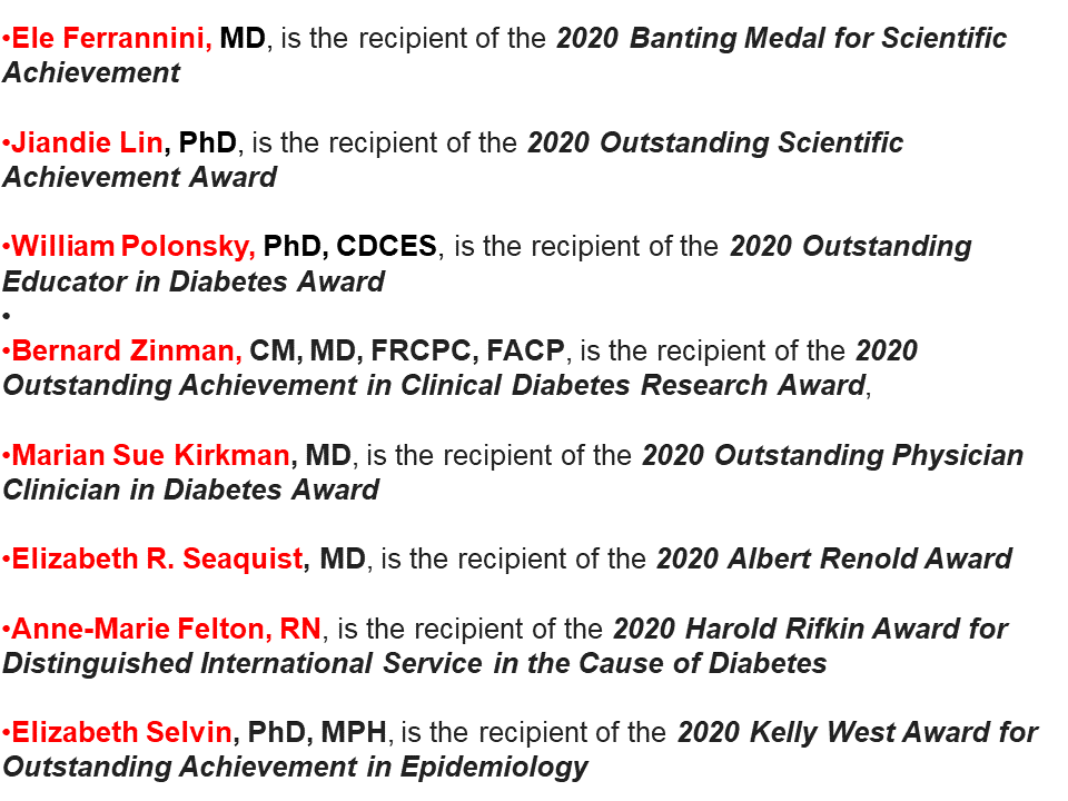 DanielJDrucker's tweet photo. Looking to end your day with some good news? Congratulate your amazing colleages, this years 2020 
@AmDiabetesAssn leaders and awardees in diabetes research education, and clinical care. The community is grateful for your sustained excellence #Diabetes Well done! https://t.co/o75ohAzoqP