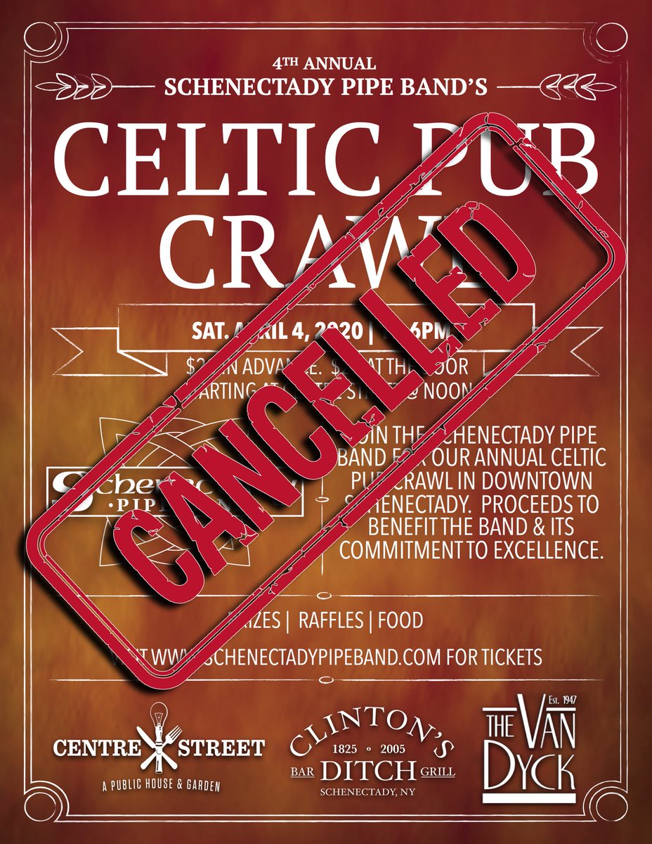 SchenectadyPB's tweet photo. It's with a heavy heart that we have to announce the cancellation of our Celtic Pub Crawl that was scheduled for Saturday, April 4, 2020.  With everything going on we decided to cancel the event rather than postpone to a later date.  We will return in 2021! https://t.co/ndxgNmP2R4