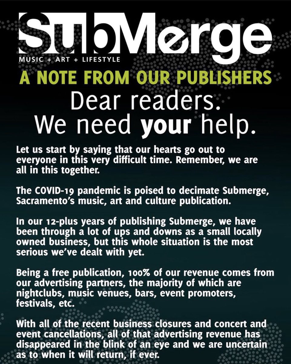 An important part of our Sacramento culture is going to need some help! Head over to <a href="/SubmergeMag/">SubmergeMag</a> to find out more info &amp; how you can help!