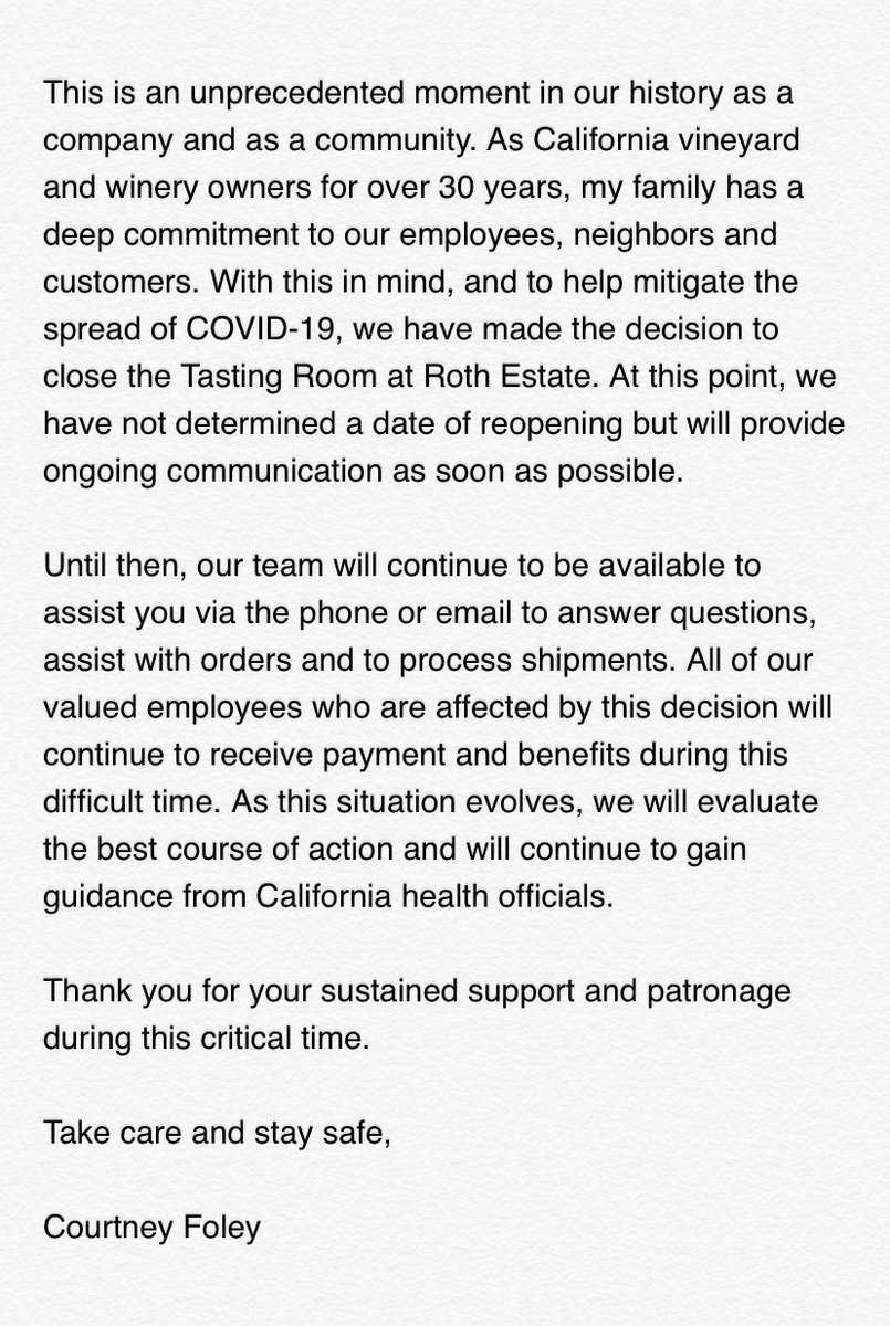 Foley Family Statement on Tasting Room Closure