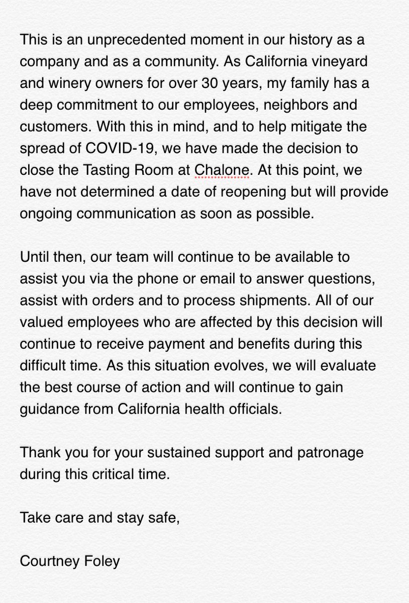 Foley Family Statement on Tasting Room Closure