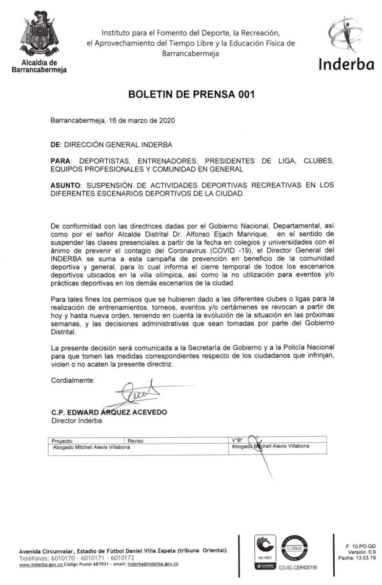 InderBarranca's tweet photo. Se suspende toda actividad deportiva y recreativa. Información de interés para la comunidad deportiva del distrito de #Barrancabermeja donde se toman medidas para salvaguardar la integridad de todos. #EstáEnTusManos
#YoMeQuedoEnCasa @alcaldiabarranc @alfonsoeljach https://t.co/idWQAUtOAz