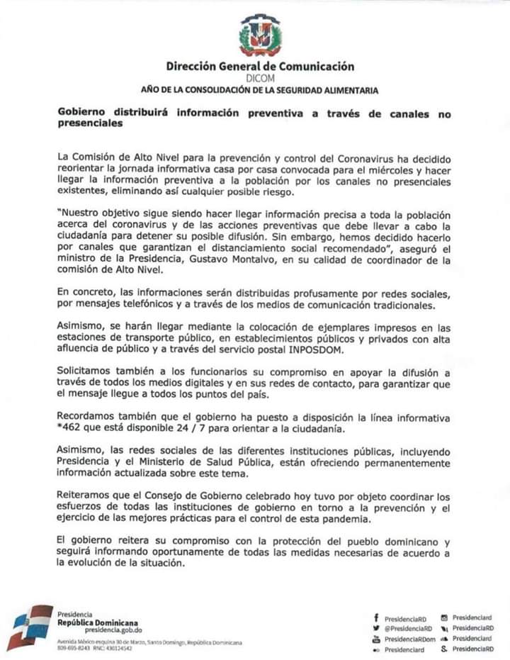 ElizabethE_0125's tweet photo. Gobierno distribuirá información preventiva del #CoronavirusRD a través de canales no presenciales:

La Comisión de Alto Nivel para la prevención y control del #Covid19 ha decidido reorientar la jornada informativa casa por casa convocada para el miércoles. https://t.co/UUcAGcBTCr