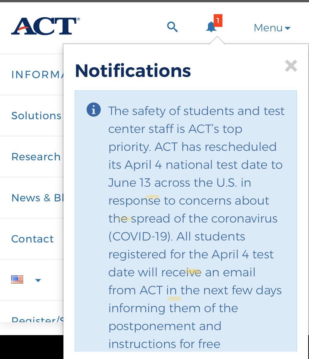 According to the official ACT registration site, the April 4th test has been postponed until June 13th across the United States. @SCSK12Unified students, please use this extra time for additional test preparation.
