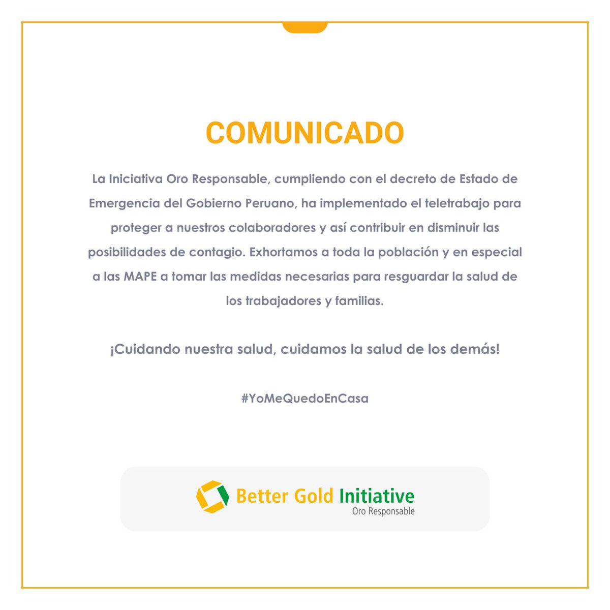 OroResponsable's tweet photo. IMPORTANTE📢Amigo minero frente a la emergencia sanitaria por el #COVID19, en #LaIniciativaOroResponsable hemos decidido realizar nuestras actividades vía #Teletrabajo 
Recuerda la prevención es vital para cuidar nuestra salud #YoMeLavoLasManos #MeQuedoEnCasa https://t.co/ujnXzOJggS