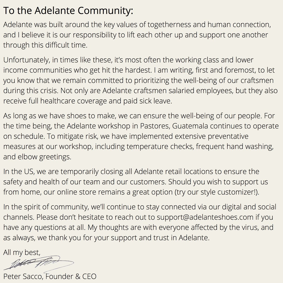 A note to the Adelante community, from our Founder &amp; CEO. We'll get through this together.