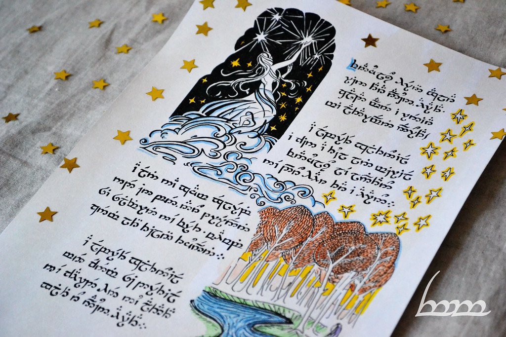 “Nothing will look as beautiful as that first star 
The star that shines the way to Valinor 
No other star is half so bright, 
So raise your voices to Elbereth.”

A Elbereth Gilthoniel
silivren penna míriel 
o menel aglar elenath!