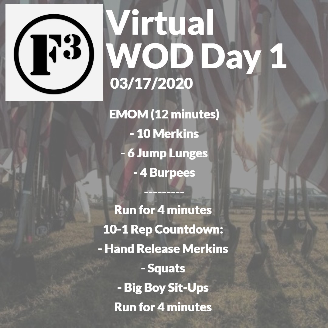 Starting today, we will be posting a Virtual #F3WOD each day while Cola AO operations are suspended. Fill out the form below each time to complete a workout, and the PAX with the highest daily workouts completed will receive a MYSTERY prize.

bit.ly/3b5EIdn

Day 1: