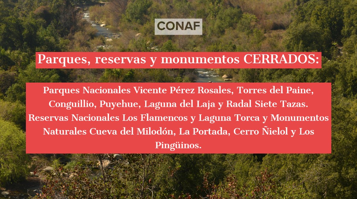 conaf_minagri's tweet photo. 🔴Importante ➡️ Revisa los parques y reservas nacionales, y monumentos naturales, CERRADOS hasta nuevo aviso.

➡️ Las oficinas de atención al público cierran sus puertas. 
➡️ Consultas vía correo electrónico o por teléfono. 

⚠️ ¿Dudas? consultas.oirs@conaf.cl https://t.co/SeFl2TZtvi