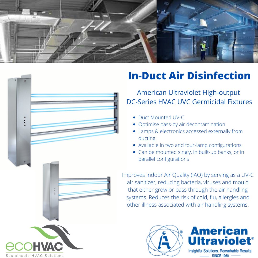ecohvac_au's tweet photo. In-Duct Air Disinfection

American Ultraviolet High-output DC-Series germicidal fixtures. 
 
#uvc #ultraviolet #germicidaluv #ductclean #healthcare https://t.co/7ZOeXEEDbh