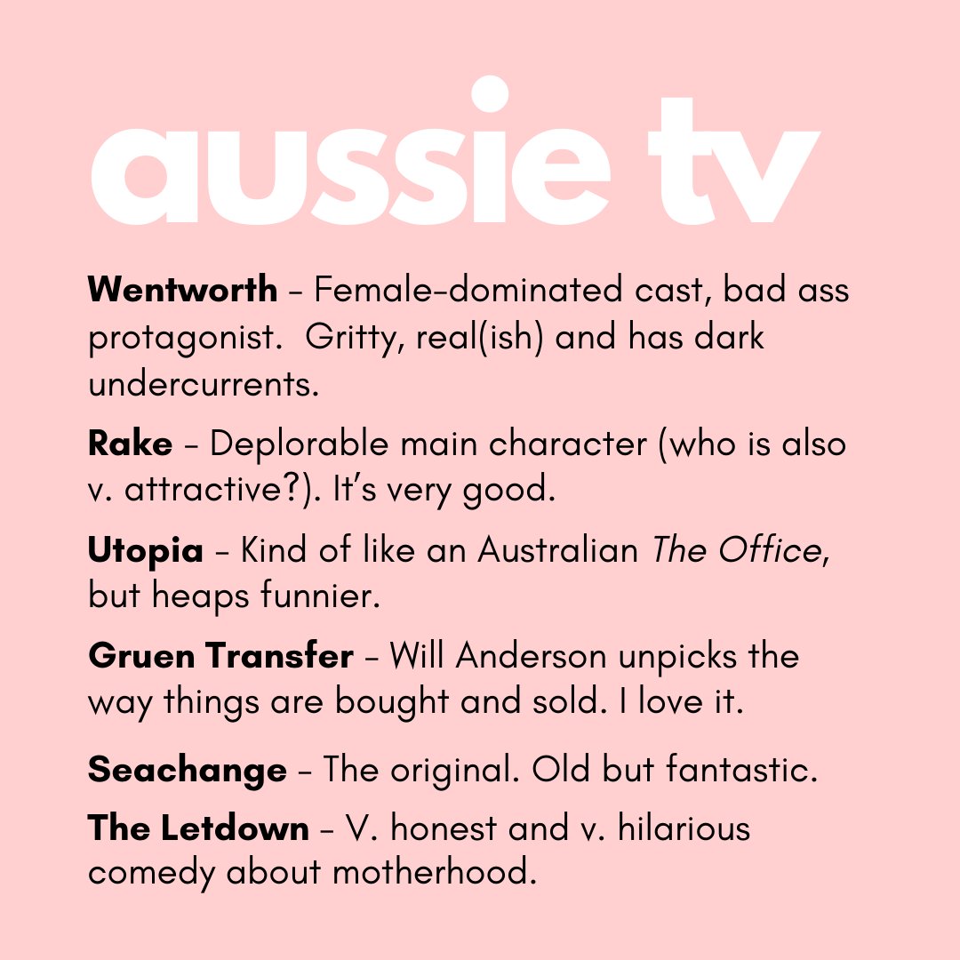 In case you’re Self-Isolating (v. similar in appearance to Parenting A Newborn) and in need of New Things To Do Before You Go Bloody Mad, here are some book and Aussie TV recommendations. You’re welcome.