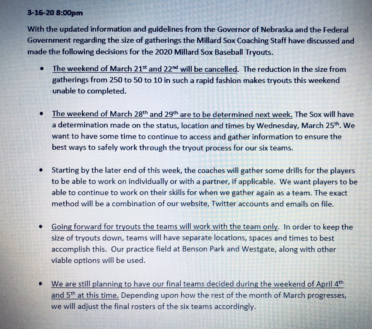 SoxMillard's tweet photo. There will be NO tryouts this weekend for the Millard Sox. Please read the attached letter for how we will be updating as more guidelines are issued by city, state and federal officials.  Watch for drills and other updates for the players to keep sharp #SoxNation2020 #WorkHarder https://t.co/1XxGjCQOhr